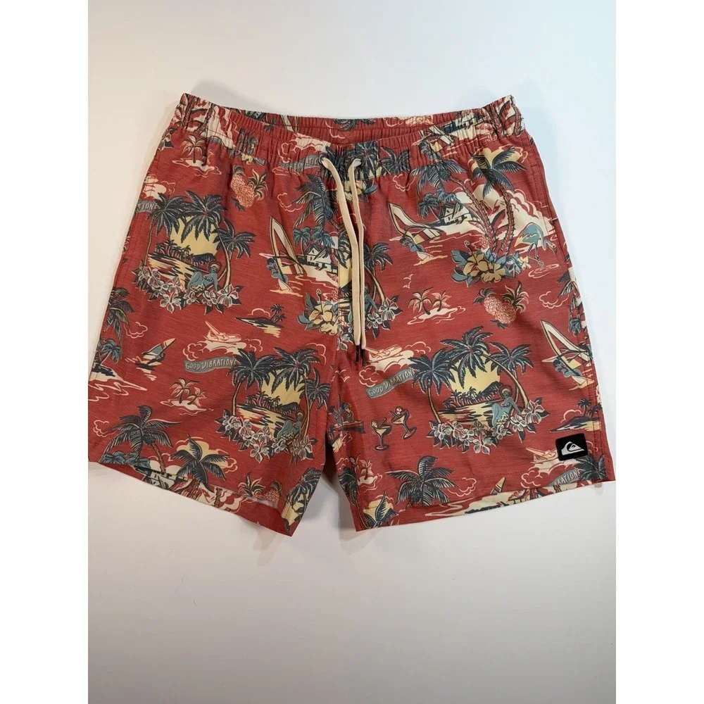 Quiksilver‎ Tropical Surf Swim Trunks Red Island Print Board Shorts Mens M